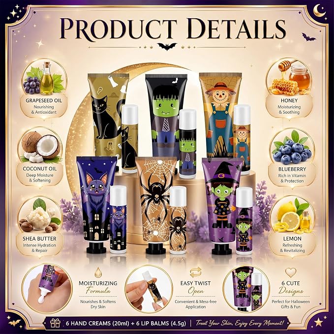 24 Pack Halloween Hand Cream and Lip Balm Gifts Sets for Women Mini Hand Lotion Bulk Travel Size Moisturizing Cream Halloween Party Favors for Boo Basket Stuffers 6 Natural Plant Fragrances