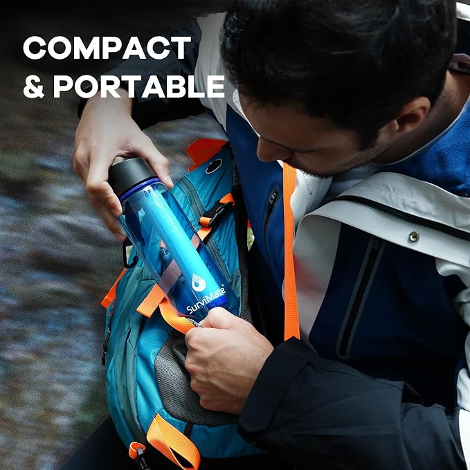 Survimate 5-Stage 0.01μm Ultra-Filtration Filtered Water Bottle, BPA-Free Material, NSF/ANSI 42 Certified, Portable Water Filter Bottle for Survival, Camping, Hiking, and Emergency Use