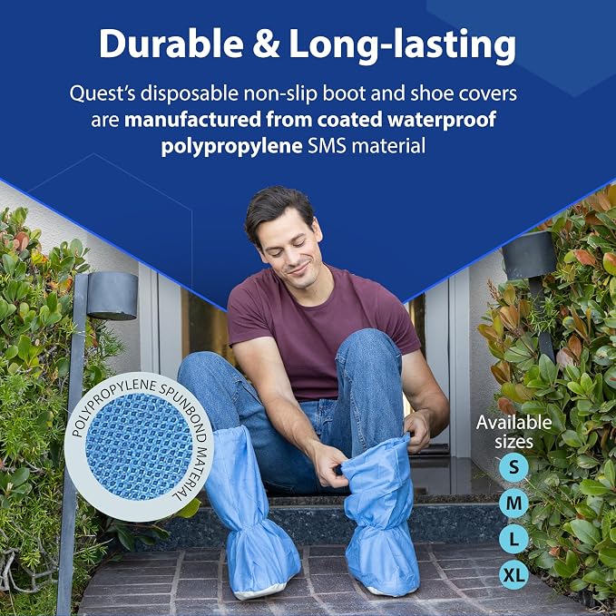 Quest Traction Disposable Boot & Shoe Covers 18" Tall – Non-Slip, Water-Resistant Protective Overshoes, Blue, Small, 50 Pairs for Cleanroom, Medical & Industrial Use