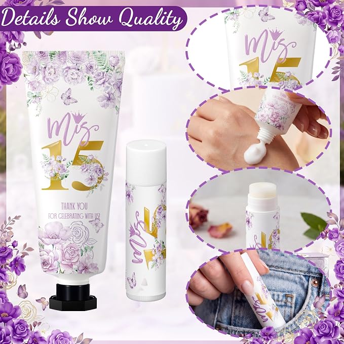 Leelosp 100 Pcs/50 Sets Purple Quinceanera Party Favor Gifts for Guests 15th Thank You Gifts Girl Hand Cream and Lip Balm Sweet 15th Birthday Party Favors for Guests