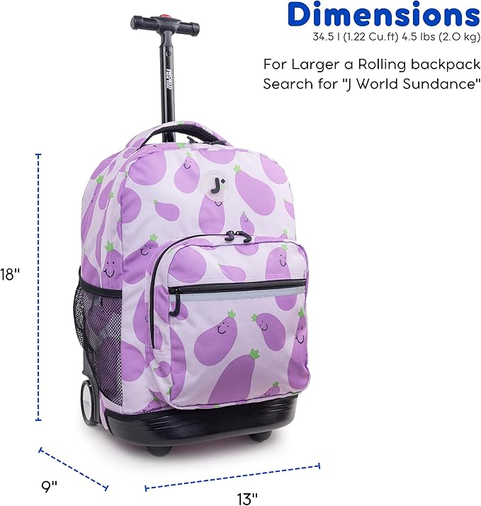 J World Sunrise Kids Rolling Backpack for Girls Boys. Roller Bookbag With Wheels For School, Mr. Eggplant