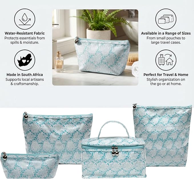 Jacaranda Living Medium Cosmetic Bag – Waterproof PVC-Lined Cosmetic & Toiletry Organizer, Zipper Pouch for Skincare, Makeup & Accessories, Aqua Trellis