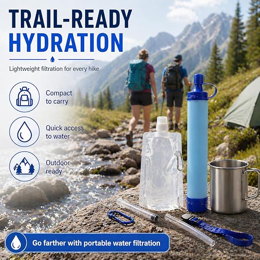 Water Filter, Survival Filtration Portable Gear, Emergency Preparedness, Supply for Drinking Hiking Camping Team Family Outing (2PCS)