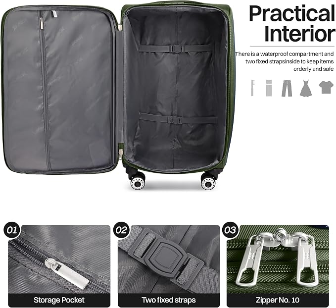 3-Piece Softside Expandable Luggage Set with Front Open Pocket,Lightweight Durable Suitcase Sets Double Spinner Wheels & w/LOCK（Green-Grey,20in/24in/28in）