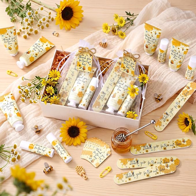 Leelosp 50 Sets Honey Hand Cream Baby Shower and Lip Balm Gift Bulk Bee Themed Travel Size Hand Lotion Lip Balm Nail File Gifts Set Baby Shower Birthday Party Supplies for Guests