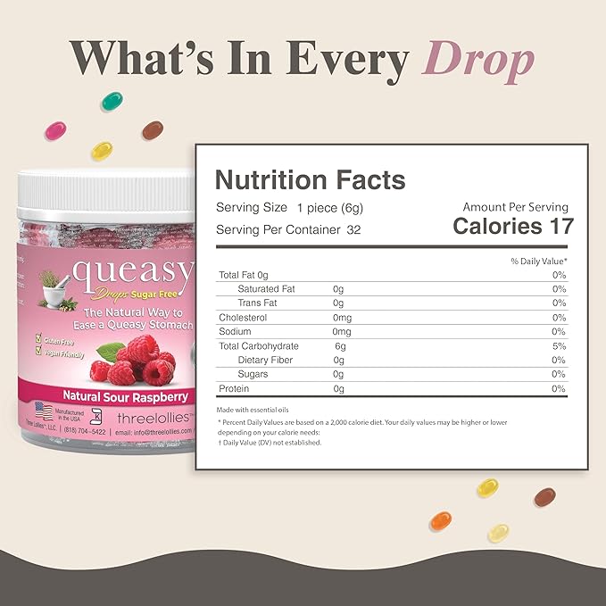 Three Lollies Queasy Drops Sugar Free - Natural Sour Raspberry Flavor - Ease Chemotherapy Nausea & Travel Sickness, Alleviates a Dry Mouth, Natural Ingredients - 32 ct