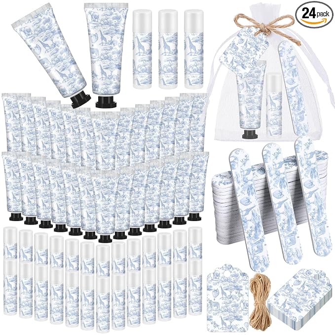 Leelosp 24 Sets Toile De Jouy Baby Shower Hand Cream and Lip Balm Gift Bulk Blue Safari Animal Travel Size Hand Lotion Lip Balm Nail File Gifts Set Baby Bridal Shower Party Supplies for Guests