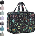Everfun Travel Toiletry Bag with Hanging Hook and Leakproof Wet/Dry Compartments, Large Capacity Makeup Cosmetic Organizer for Women, 12x9x4.5 Inch, Black Leaves
