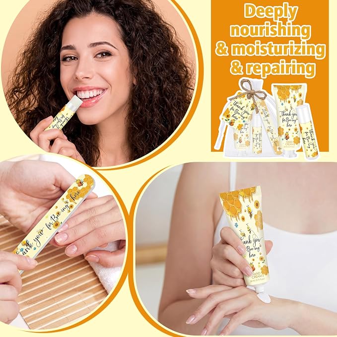 Leelosp 50 Sets Honey Hand Cream Baby Shower and Lip Balm Gift Bulk Bee Themed Travel Size Hand Lotion Lip Balm Nail File Gifts Set Baby Shower Birthday Party Supplies for Guests