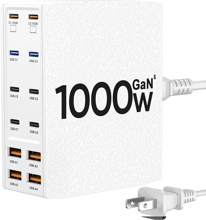 USB Charging Station (1000W),12-Port USB C Charger Block with Dual 100W PD USB-C Fast Charging Station Hub for MacBook Pro/Air/All iPad Phone 17/16 15/14/13/Pro Max/Samsung Galaxy Note(White)
