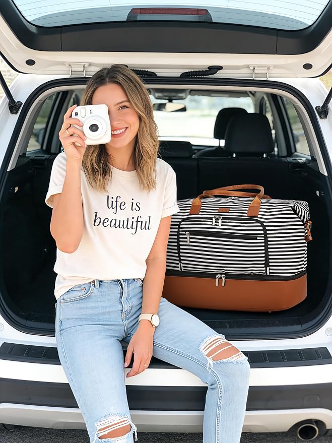 Weekender Bags for Women Travel, Under Seat Carry On Bags for Airplanes Overnight Bag with Shoe Compartment Luggage Sleeve, Foldie Travel Tote Bag Hospital Bag, Travel Gifts, Black Strip