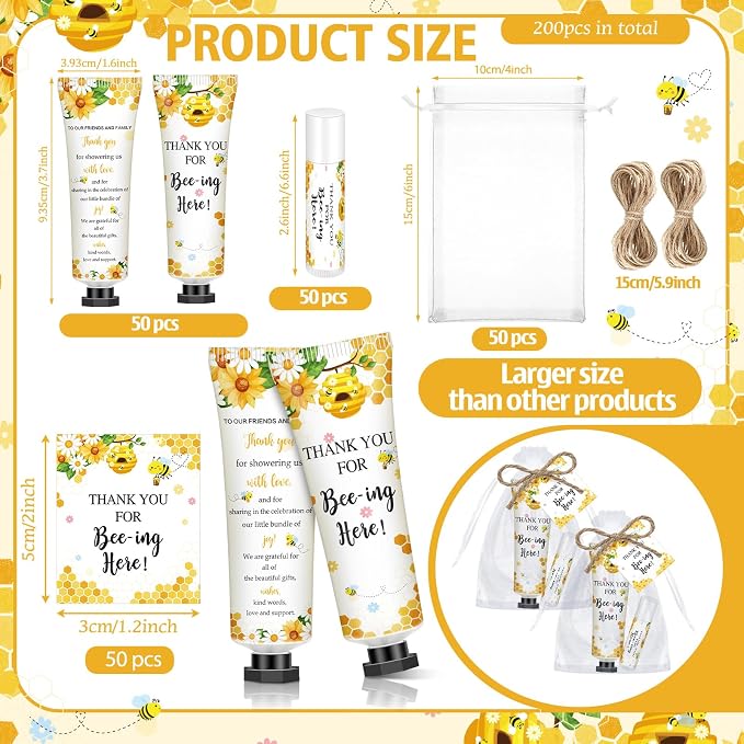 50 Sets 200 Pcs Baby Shower Hand Lotion and Lip Balm Gift Theme Baby Shower Party Favors Travel Size Hand Lotion and Lip Balm Bulk with Organza Bags Tags(50 Pcs,Bee)