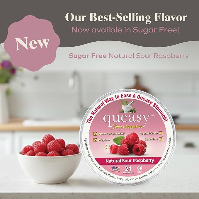 Three Lollies Queasy Drops Sugar Free - Natural Sour Raspberry Flavor - Ease Chemotherapy Nausea & Travel Sickness - Alleviates a Dry Mouth - Natural Ingredients - 21 ct (3-Pack)