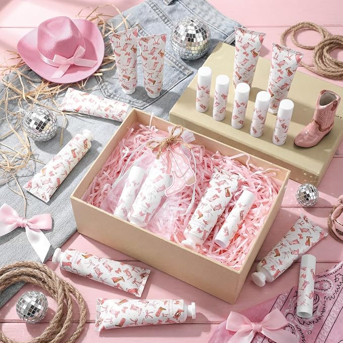 24 Sets Coquette Cowgirl Hand Cream and Lip Balm Cowgirl Party Gifts Bow and Boot Baby Shower Favors for Guest Bow and Boots Travel Size Hand Lotion and Lip Balm Bulk Birthday Party Supplies