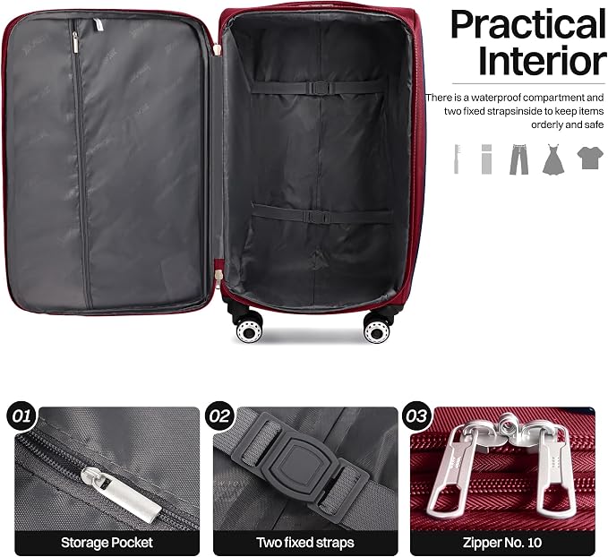24'' Softside Expandable 15% Rolling Luggage with Double Spinner Wheels & w/LOCK,Lightweight Travel Luggage for Men Women（Burgundy-Grey,24in）
