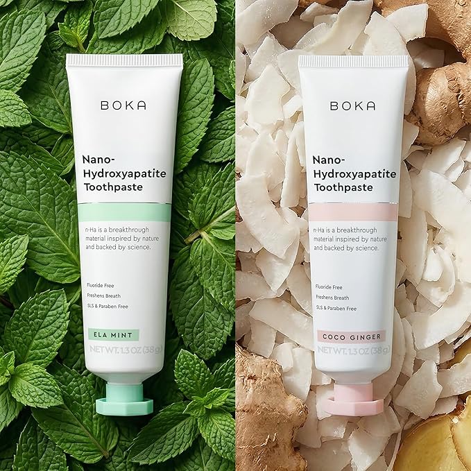 Boka Fluoride Free Toothpaste, Nano Hydroxyapatite Toothpaste, Appropriate for Sensitive Teeth - for Adult Oral Care - Ela Mint, Coco Ginger Flavor, 1.3 Fl Oz 2Pk US Manufactured