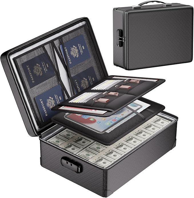DocSafe Fireproof Document Box with Lock - 12 Layers Heat Insulated, Black | File Organizer Hard Case Safe Box with Fireproof Zipper, Home Safe Protects Important Documents, Passport, Cash