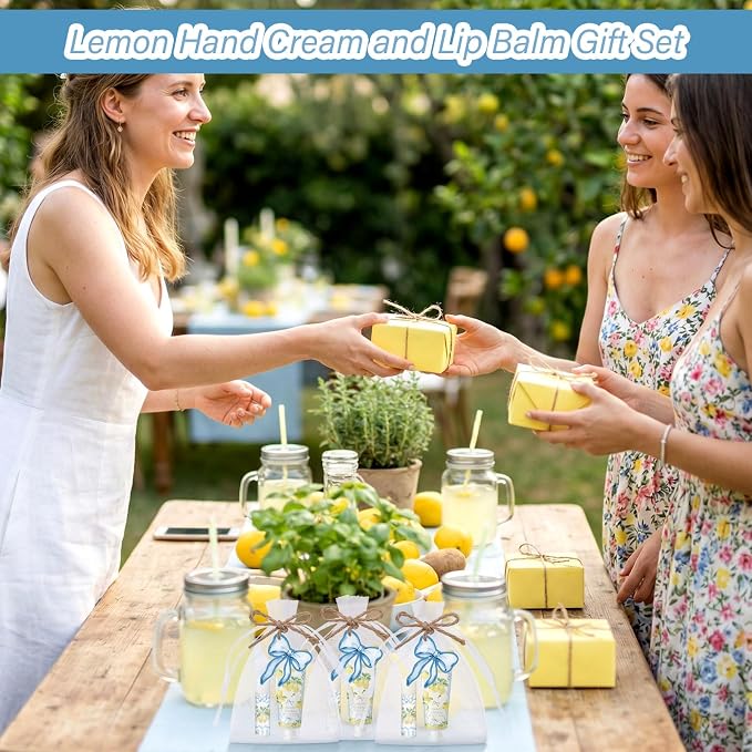 24 Sets Lemon Bow Hand Cream and Lip Balm Amalfi Coast Gifts Lemon Bridal Shower Party Favors Blue Bow Baby Shower Favor for Guest Travel Size Hand Lotion and Lip Balm Bulk Birthday Party Supplies