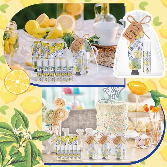 48 Set Capri Lemon Party Favors Bulk Italian Lemon Hand Cream and Lip Balm Gifts for Bridal Baby Shower Party Travel Size Lemonade Hand Lotion Lip Balm Set with Bag Tag for Guest Gender Reveal