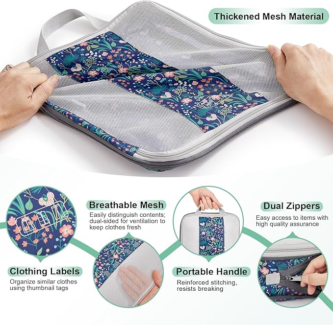10 Set Compression Packing Cubes for Travel Essentials,Compressible Expandable Packing Cubes for Suitcase,OlarHike Luggage Garment Bags for Travel,Handy Helper for Organizing Clothes(Dark Blue Floral)