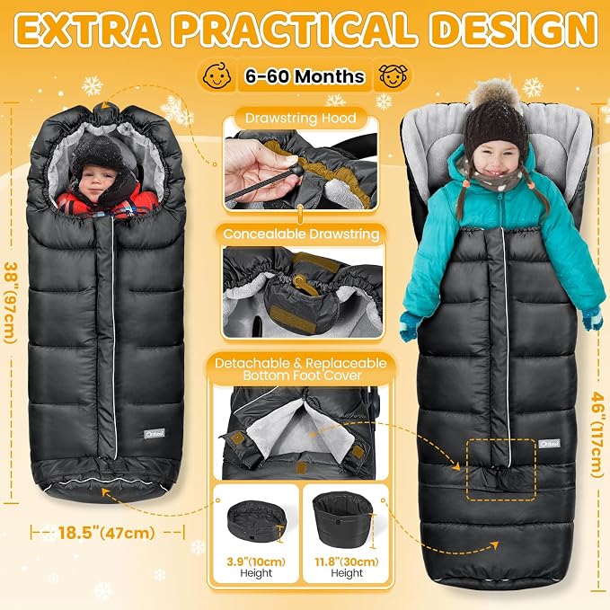 Orzbow Stroller Footmuff Universal - Weather-Proof Bunting Bag for Toddler, Warm Fleece Sleeping Bag for Cold Weather, Easily Attaches to Most Strollers, Baby Boys Girls Winter Essentials, Black