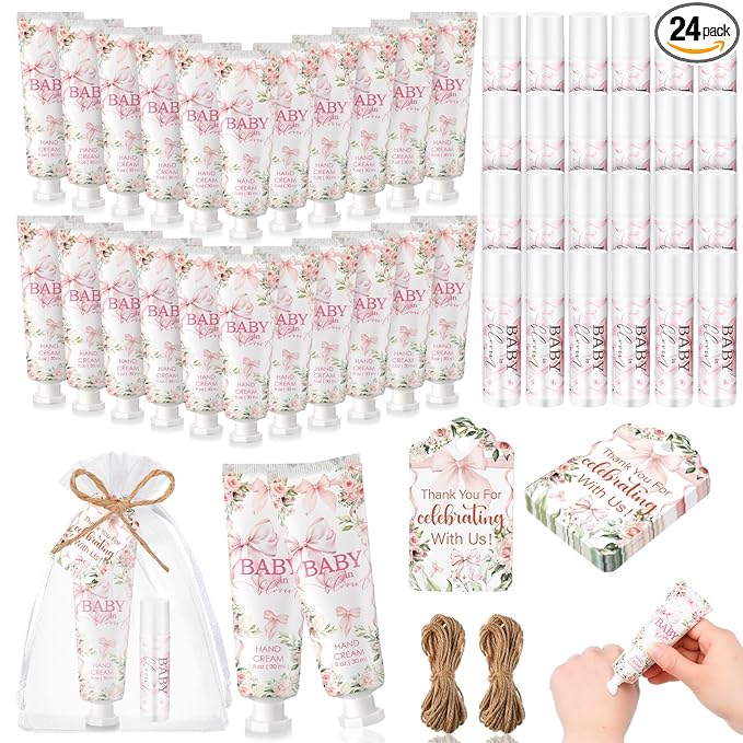 24 Sets Baby in Bloom Hand Cream and Lip Balm Gift Wildflower Floral Baby Shower Favors for Guest Travel Size Hand Lotion and Lip Balm Bulk Babies Shower Birthday Party Supplies