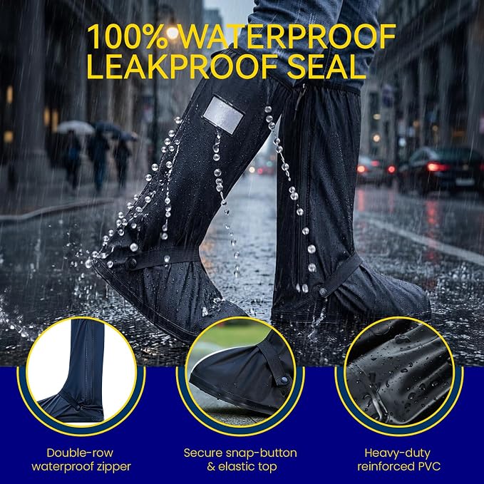 3Pair Reusable Waterproof Shoe Covers for Rain, Slip-Resistant Rain Boot Covers with Safety Reflector, Packable Galoshes & Overshoes for Men, Women, Cycling and Gardening (Black, Large) ﻿