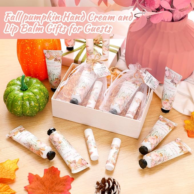24 Sets Boho Fall Pumpkin Baby Shower Hand Cream and Lip Balm Gifts a Sweet Little Pumpkin Is on the Way Baby Shower Favors Travel Size Hand Lotion and Lip Balm with Organza Bags Tags for Guest