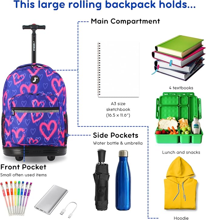 J World Sunrise Kids Rolling Backpack for Girls Boys. Roller Bookbag With Wheels For School, Heart Spray