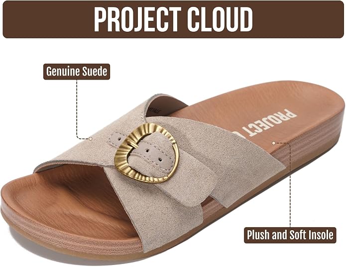 Project Cloud Womens Sandals - Adjustable Buckle Sandals for Women 2026 with Plush Insole - Lightweight & Non Slip Slides for Women Footwear