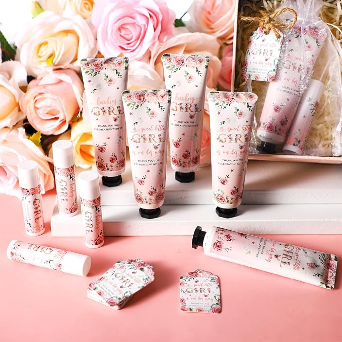 48 Sets/192 Pcs Girls Baby Shower Favors for Guests Pink Floral Hand Cream and Lip Balm Bulk Baby Girl Shower Party Thank You Gifts for Guests Travel Size Gender Reveal Game Winners Prizes