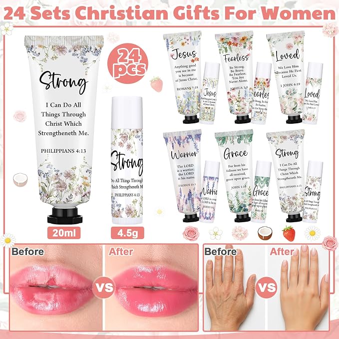 Loopeer 24 Sets Bulk Christian Hand Cream and Lip Balm Set for Women Religious Travel Size Moisturizing Lip Care Mini Religious Gifts for Women Coworker Appreciation Gift