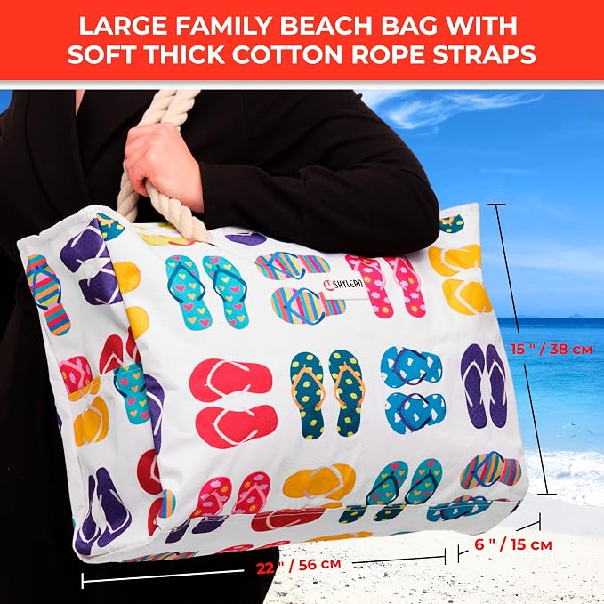 Beach Bag and Pool Bag Has Cooler Pocket, 7 Pockets Total, Zip Top. Family Size Waterproof Beach Tote