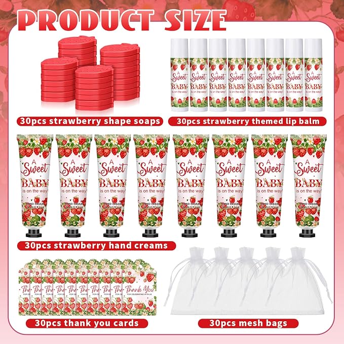 Loopeer 30 Set/150 Pcs Strawberry Baby Shower Favors for Guests Gifts Hand Cream Lip Balm Soap Party Favors Travel Size with Bags, Thanks You Card for Games Prizes Souvenirs