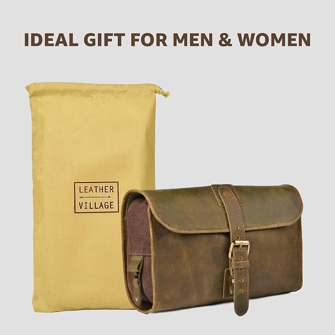 LEATHER VILLAGE Hanging Genuine Leather Toiletry Bag for Men & Women with Waterproof Lining – Handcrafted Vintage Travel Dopp Kit, Shaving Organizer & Shower Bathroom Essentials Case - Mud