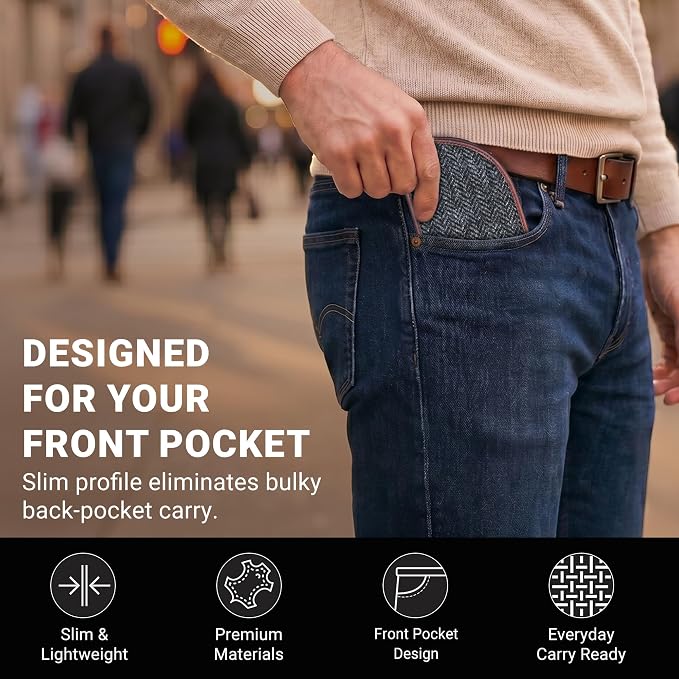 ROGUE WALLET Front Pocket Card Holder for Men - Bedford Tweed & Top Grain Leather Minimalist Billfold - Slim ID Window, Cash Section & Stash Compartment