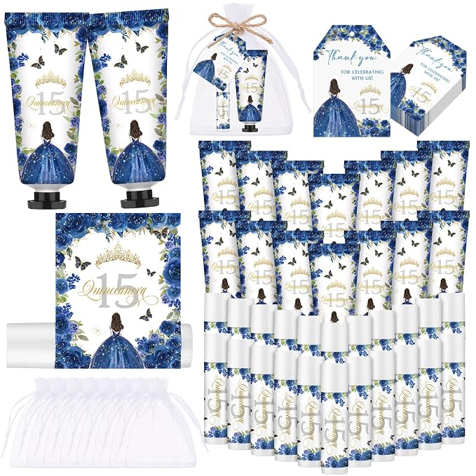 Leelosp 25 Set/100 Pcs Quinceanera Party Favor for Guest with Travel Size Hand Cream, Lip Balm, Card, Organza Bags Quinceanera Gift Set Sweet 15th Party Supply Birthday Souvenir(Blue)