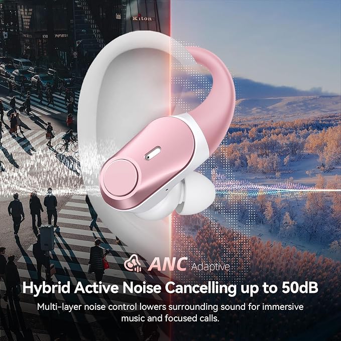 Active Noise Cancelling Ear Buds Wireless Earbuds 80H Playtime Bluetooth Headphones with LED Display Case, Hi-Res Audio Clear Calls Earphones with Over Ear Hooks for Running Gym Workout Rose Gold
