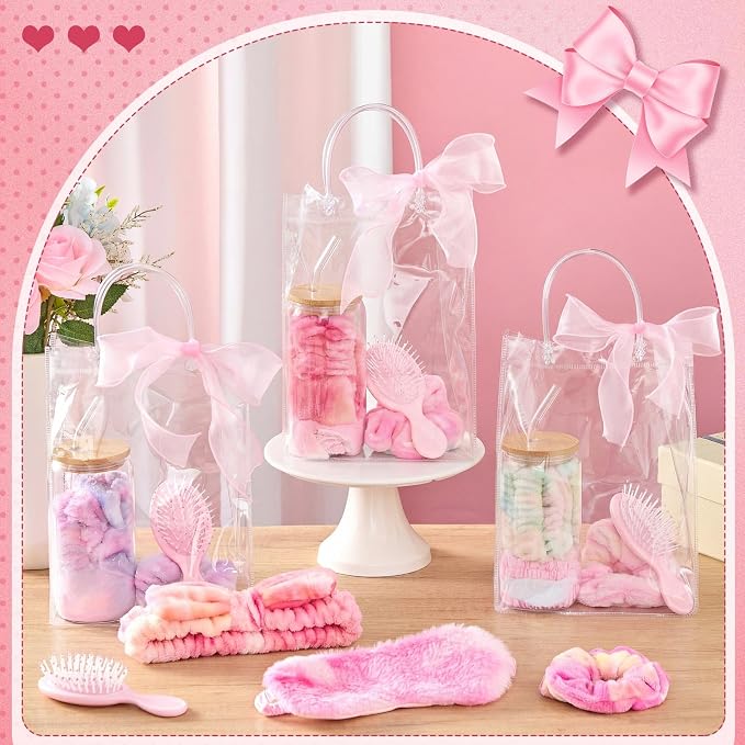 37 Pcs Spa Sleepover Party Supplies for Girls, 6 Set Pink Tie Dye Spa Party Favors, Include Cups, Hairbands, Eye Mask, Headband, Brush, Tote Bags with Ribbon for Sleepover Birthday Favors