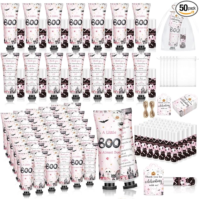 50 Sets 200 Pcs Pink Boo Baby Shower Hand Lotion and Lip Balm Gift Theme Baby Shower Party Favors Travel Size Hand Lotion and Lip Balm Bulk with Organza Bags Tags
