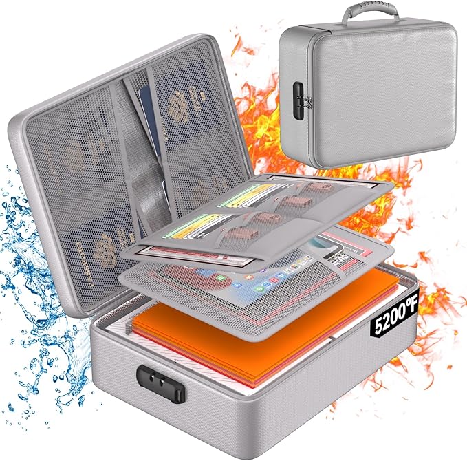 DocSafe 5200°F Fireproof Document Organizer Box with Lock, Silver (Soft) | Heat Insulated 8 Layers File Protection Bag,Water-Resistant Zipper,Portable Home Office Travel Safe Storage for Files,Laptop
