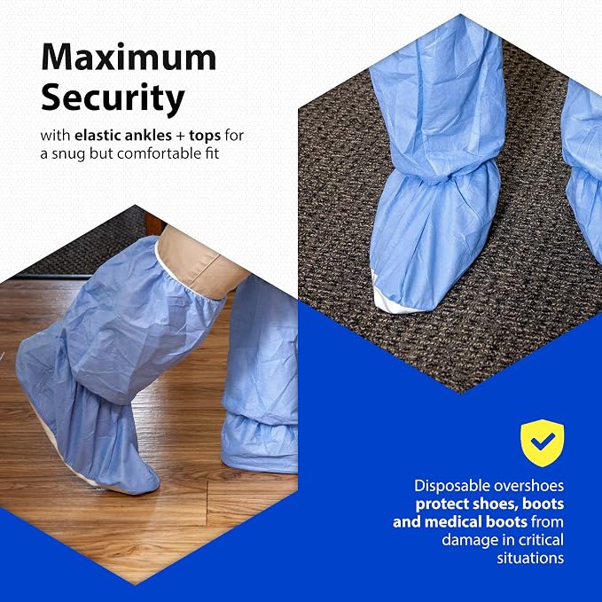 Quest Traction Disposable Boot & Shoe Covers 18" Tall – Non-Slip, Water-Resistant Protective Overshoes, Blue, X-Large, 50 Pairs for Cleanroom, Medical & Industrial Use