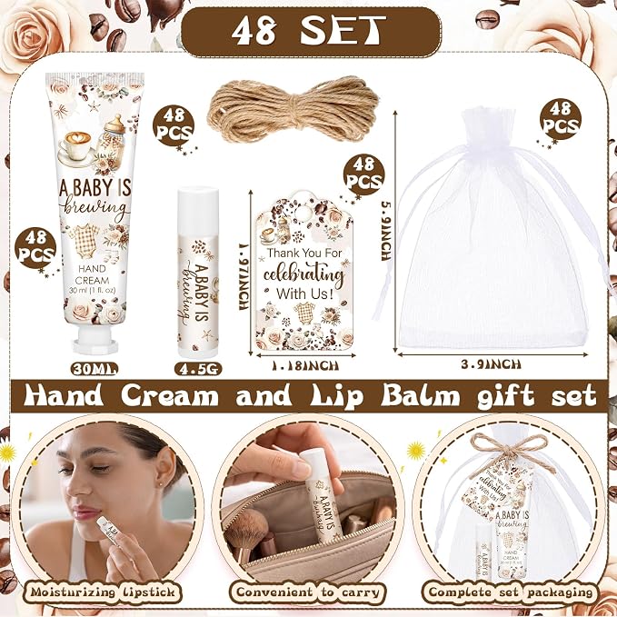 48 Sets a Baby Is Brewing Baby Shower Favors for Guests Coffee Babies Shower Gift Hand Cream and Lip Balm Bulk Thank You Souvenir for Pregnancy Diaper Party Supplies Gender Reveal Games Prizes