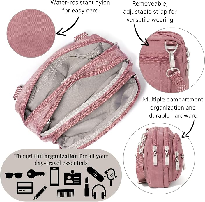 Baggallini Triple Zip Small Crossbody Bag for Women - Lightweight Convertible Fanny Pack Belt Bag