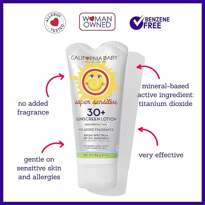 California Baby Super Sensitive Sunscreen + Natural Bug Spray | 1.8 oz Unscented SPF 30+ Mineral Sunscreen + 2 oz Natural Bug Repellent | Hypoallergenic | Formulated for Sensitive Skin