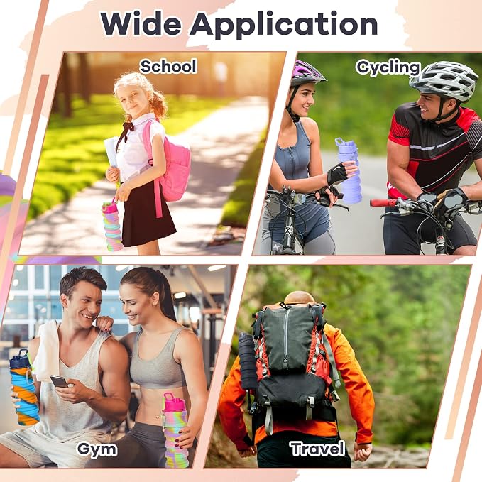 Sunnyray 14 Pack Collapsible Water Bottles Bulk with Hooks 17oz Reusable Leakproof Silicone Sport Foldable Water Bottle for Travel Camping Hiking Cycling Outdoor Party Favors(Dark Color)