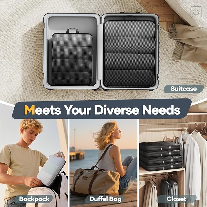 Veken 6/9/11 Set Compression Packing Cubes for Travel Essentials,Compressible Expandable Large Luggage Suitcase Organizer Bags for Clothing,Durable Space Saver Storage Bags(Black)