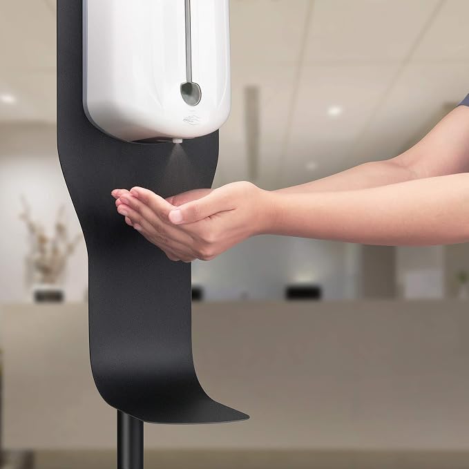 New Star Foodservice Freestanding Adjustable Floor Stand for Hand Sanitizer Dispenser, Drip Tray, Weighted Round Base, Customizable, Black
