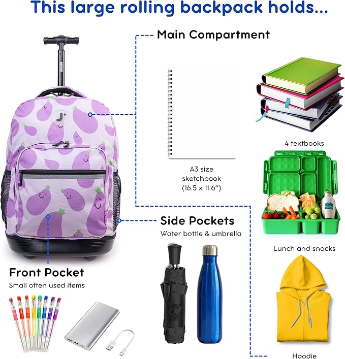 J World Sunrise Kids Rolling Backpack for Girls Boys. Roller Bookbag With Wheels For School, Mr. Eggplant
