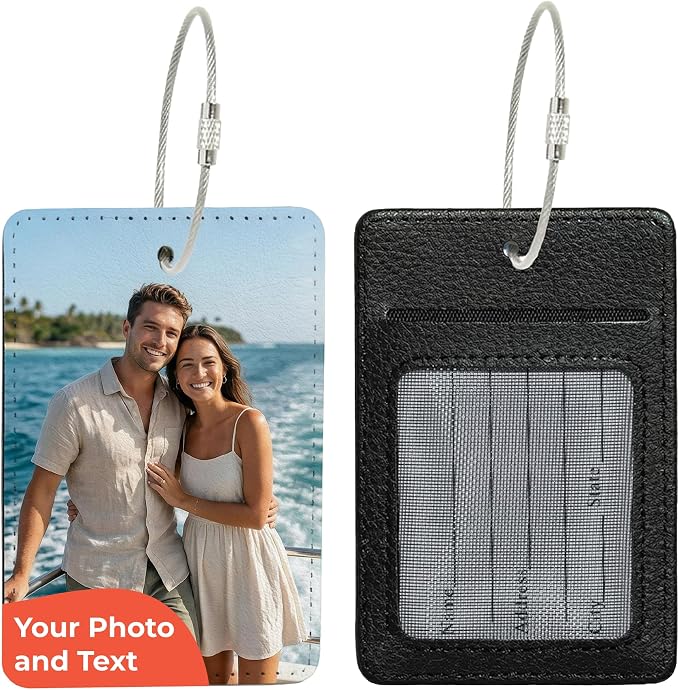 Personalized Suitcase Tags, Custom Luggage Tag with Photo or Name, Address Card Included, Polyester 2.75 x 4.13 in, for Family Vacations, Airport Travel, Carry-on Luggage and Weekend Getaways